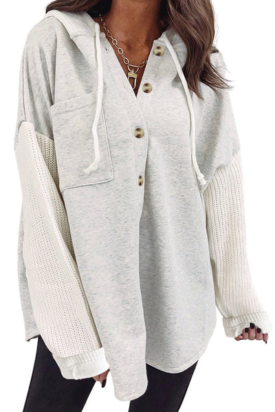 Cali Chic Gray Button Up Contrast Knitted Sleeves Hooded Jacket