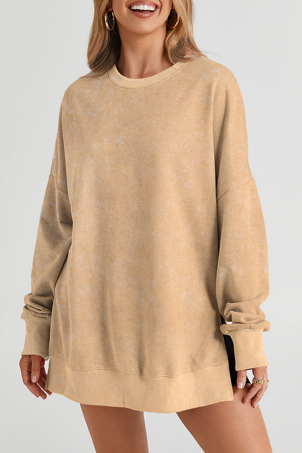 Cali Chic Khaki Drop Shoulder Ribbed Trim Oversized Sweatshirt