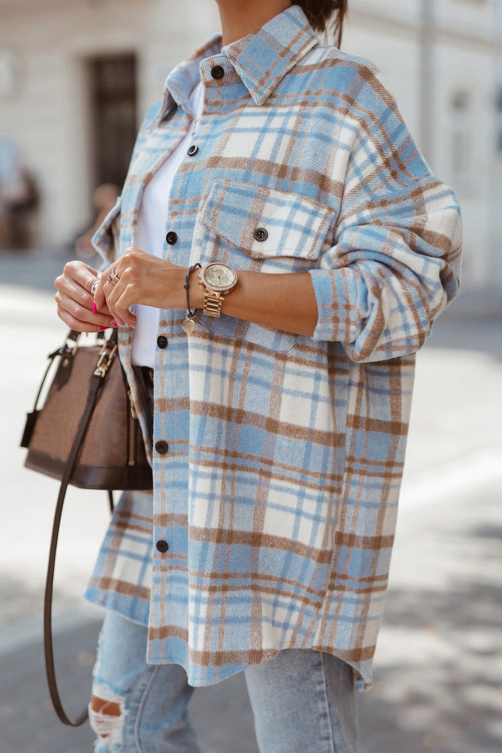 Cali Chic Sky Blue Plaid Flap Pocket Long Sleeve Shacket