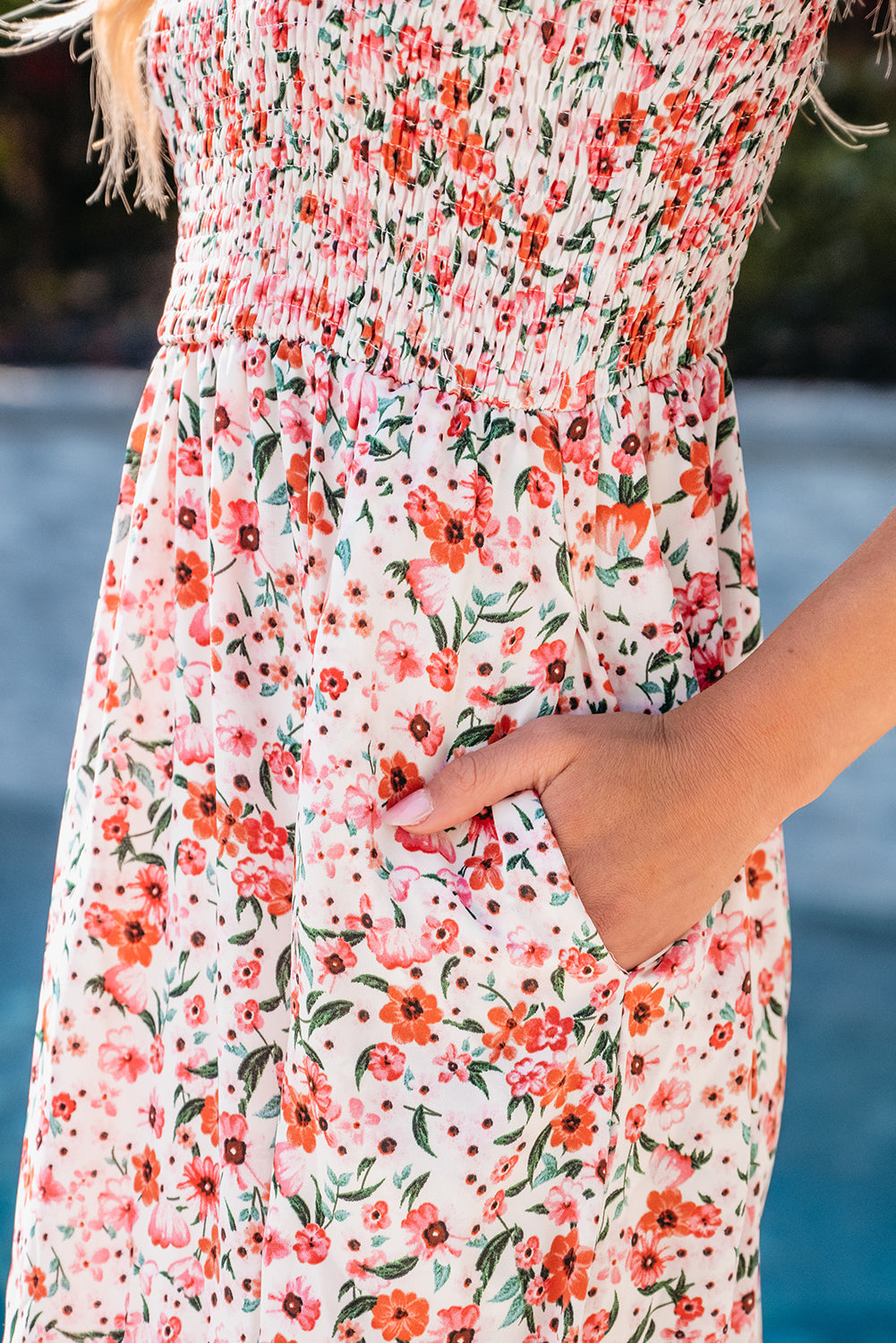 White Boho Floral Smocked Ruffled Maxi Dress