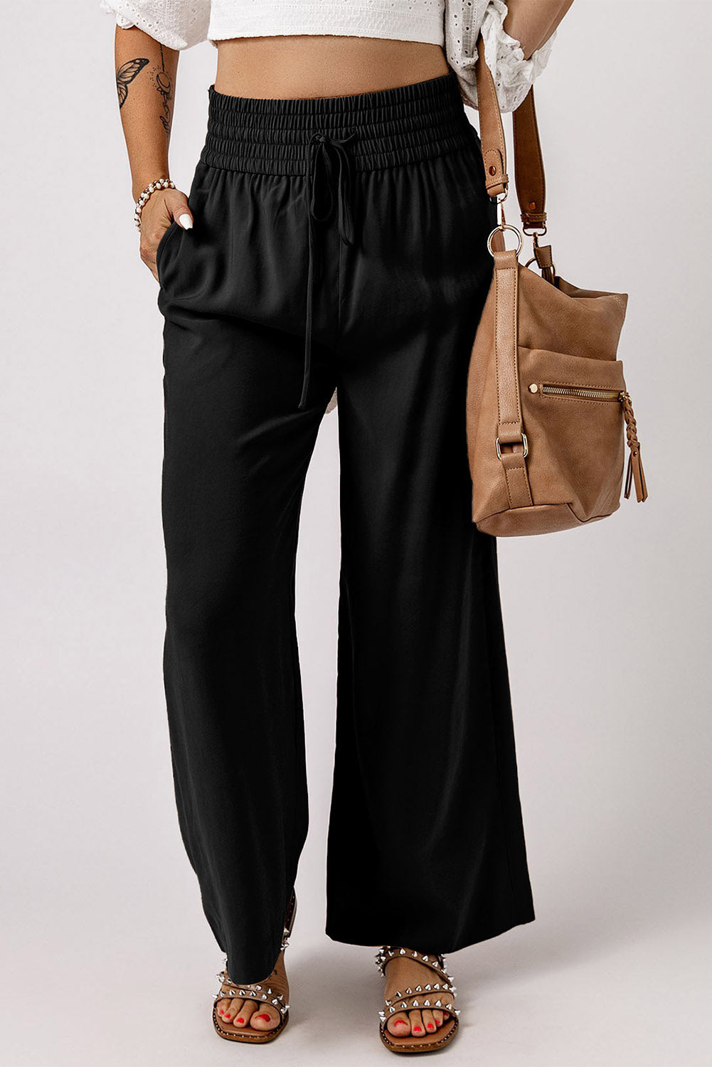 Cali Chic Women Wide Leg Pants Black Drawstring Elastic Waist