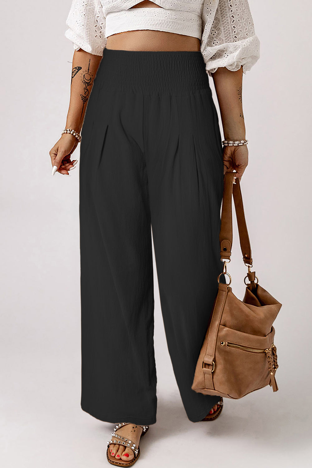 Black Smocked Wide Waistband High Waist Wide Leg Pants