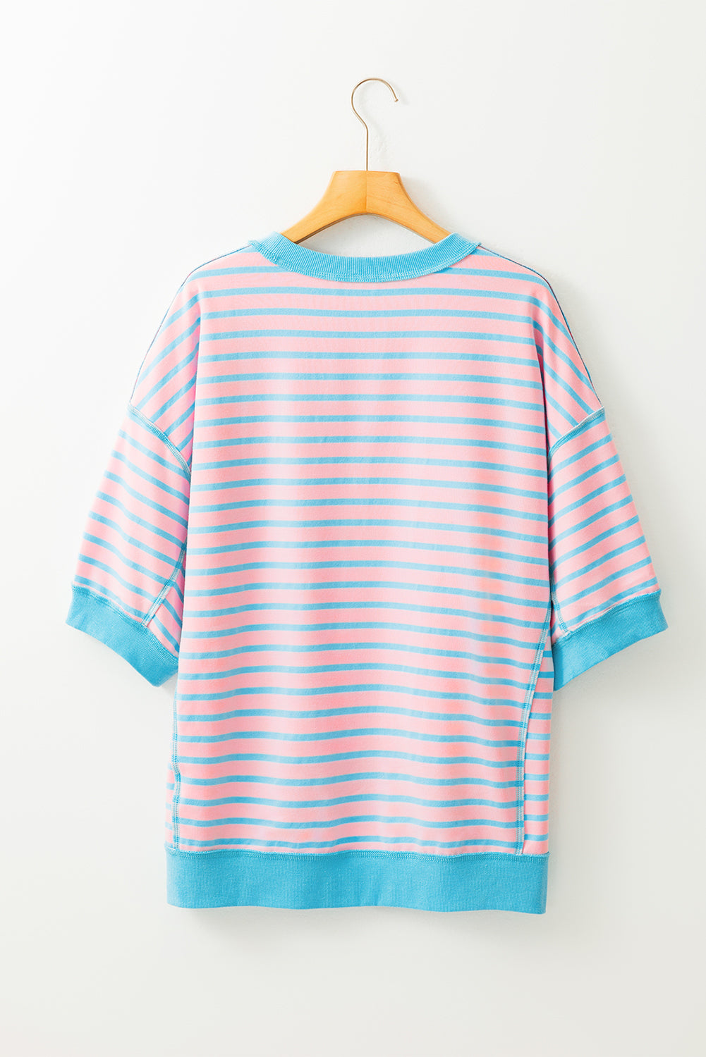 Cali Chic Women Top Pink Stripe Oversized Contrast Trim Exposed Seam High Low T Shirt