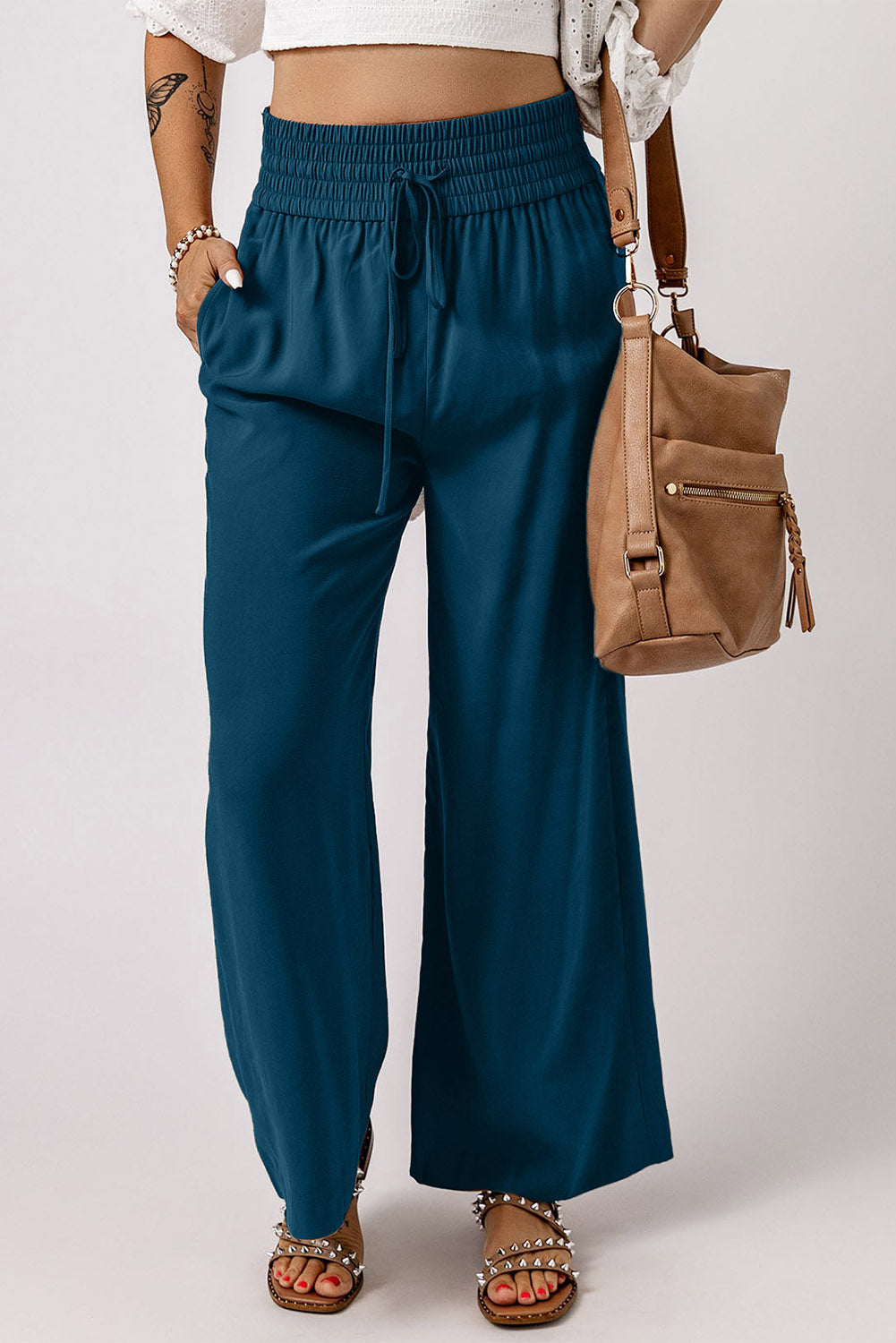 Cali Chic Blue Drawstring Elastic Waist Casual Wide Leg Pants