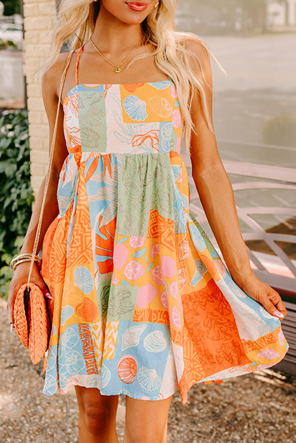 Orange Seashell Patchwork Print Self-tie Flowy Sundress