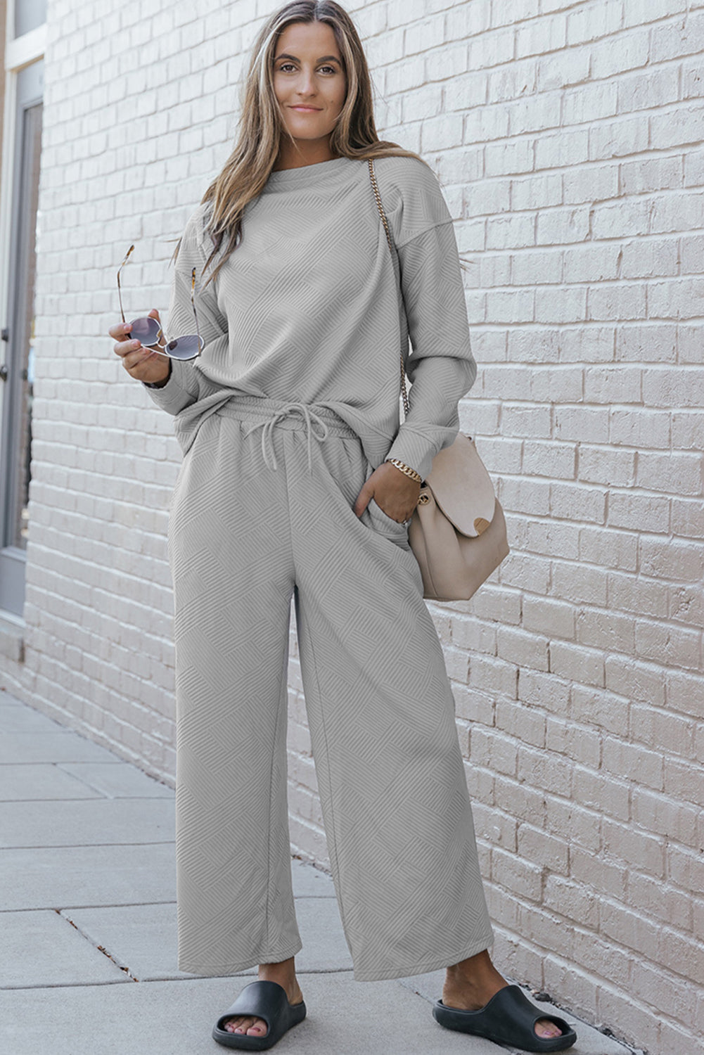 Cali Chic Gray Ultra Loose Textured 2pcs Slouchy Outfit