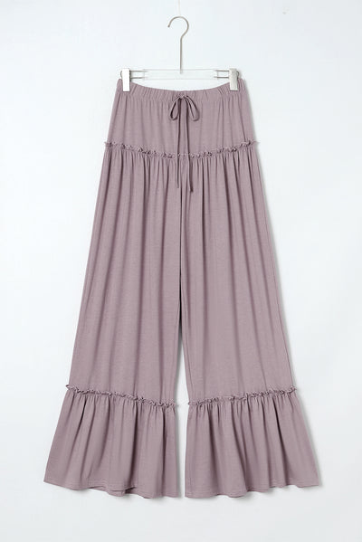 Khaki Frilled Drawstring High Waist Wide Leg Pants