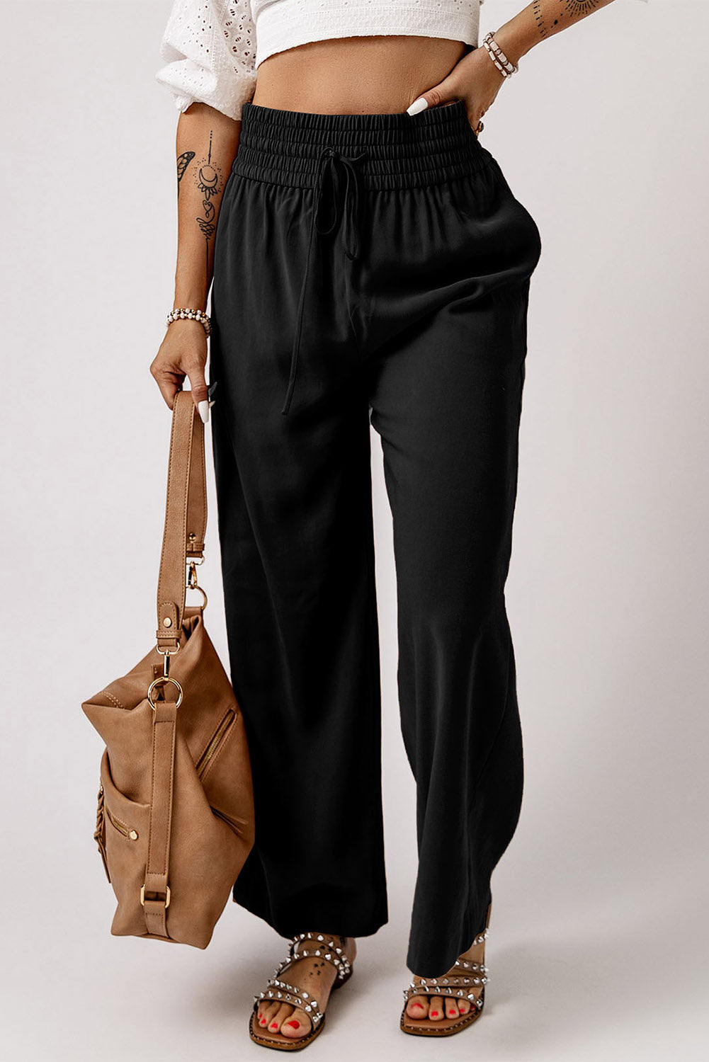 Cali Chic Women Wide Leg Pants Black Drawstring Elastic Waist