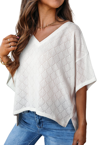 White V Neck Knitted Flowy Blouse