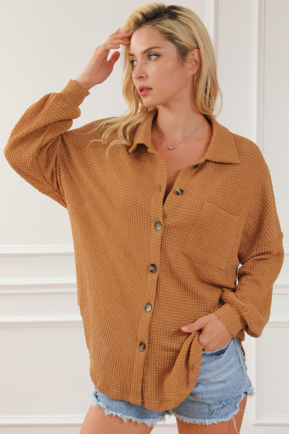 Brown Waffle Knit Button Up Casual Shirt