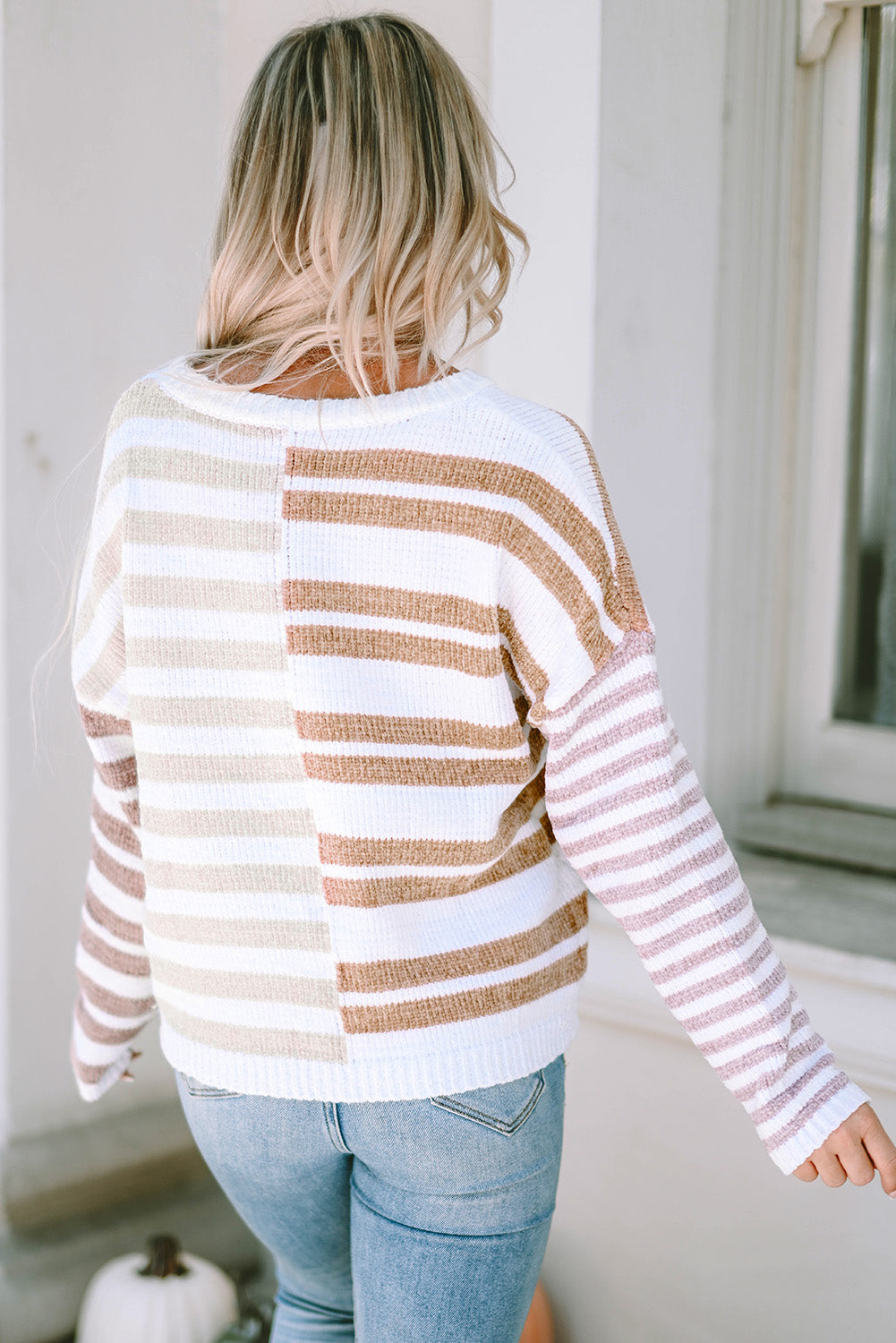 Cali Chic Women Sweater Celebrity Stripe Blocked Drop Shoulder Slouchy