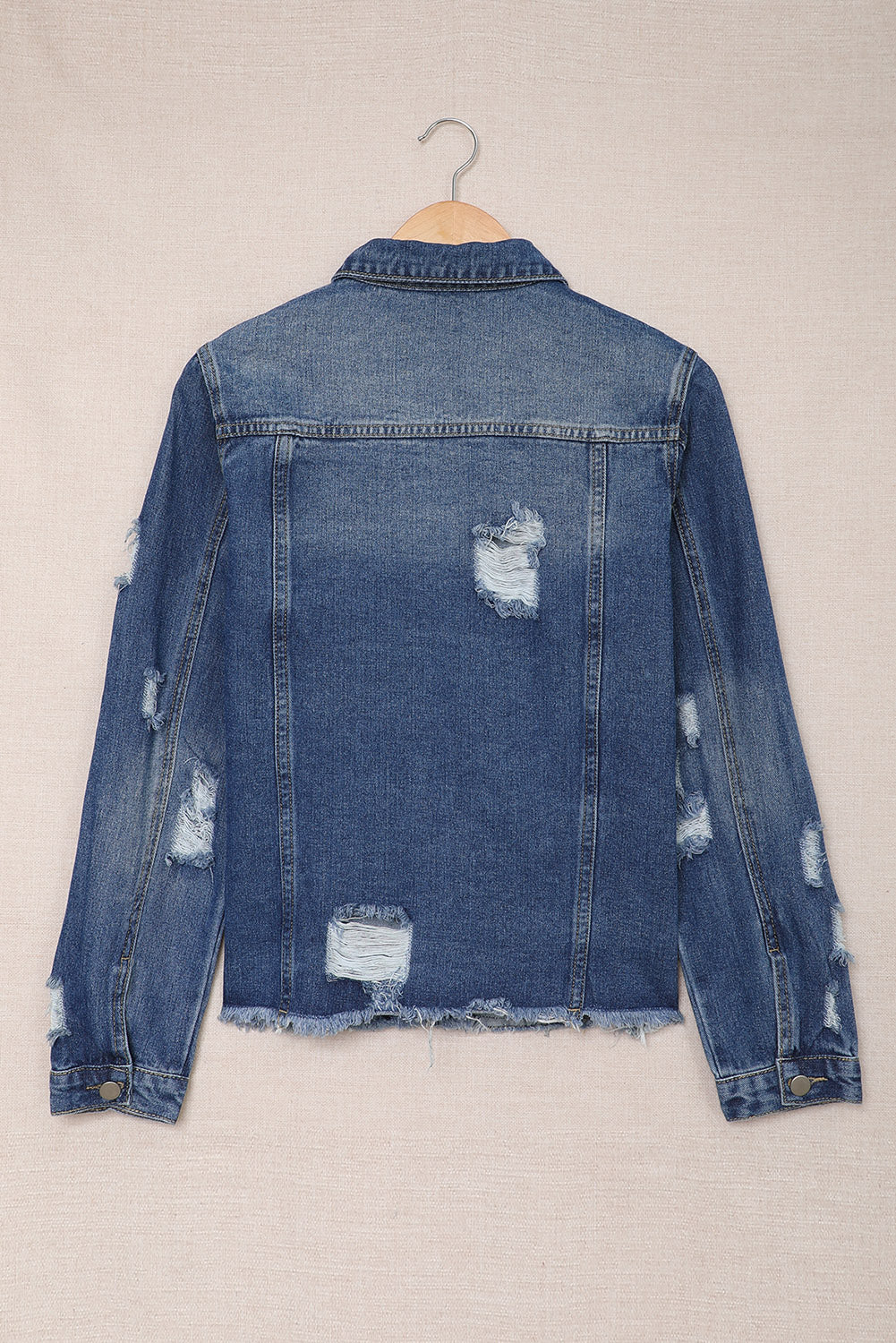 Cali Chic Blue Lapel Distressed Raw Hem Buttons Denim Jacket