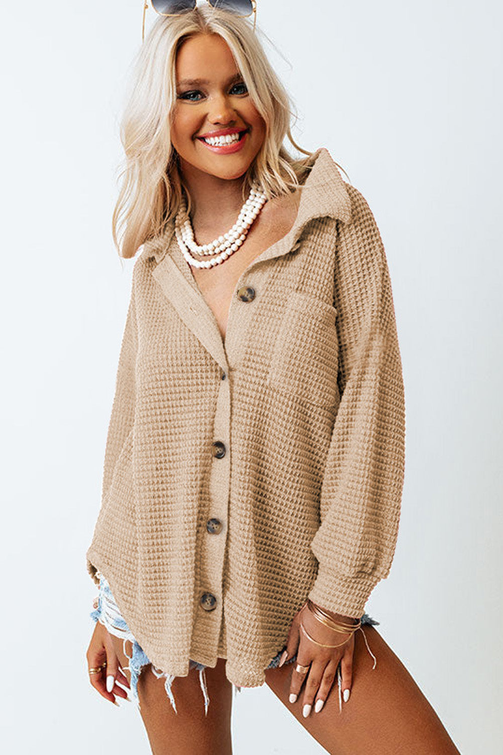 Cali Chic Khaki Waffle Knit Button Up Casual Shirt