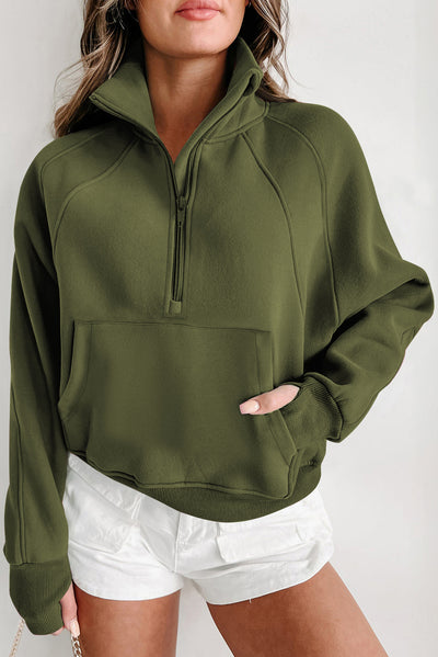 Cali Chic Green Zip Up Stand Collar Ribbed Thumbhole Sleeve Sweatshirt