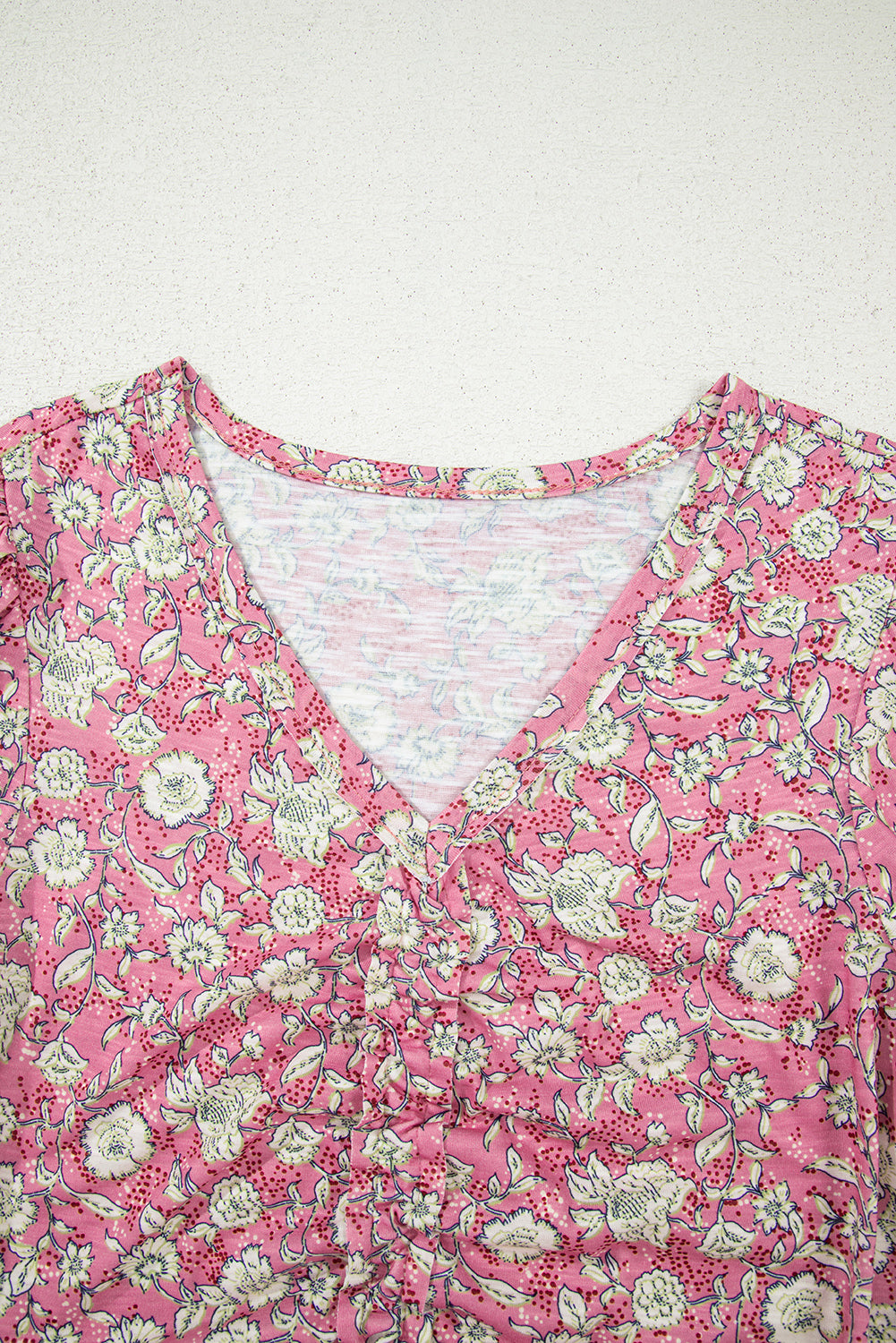 Pink Floral Short Puff Sleeve V Neck Ruched Blouse