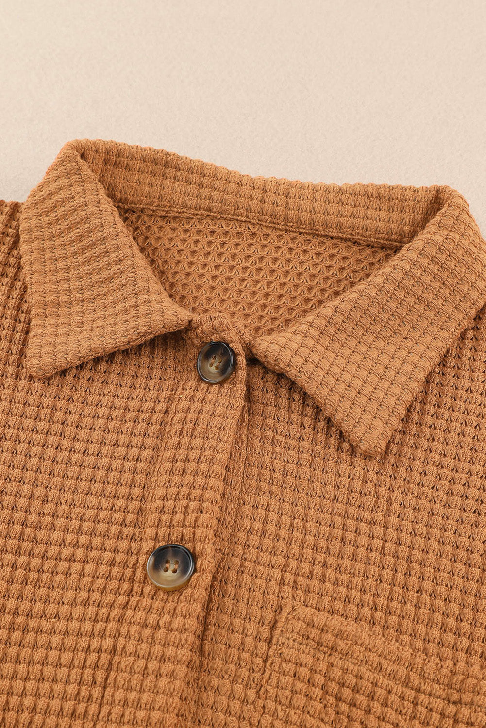 Brown Waffle Knit Button Up Casual Shirt