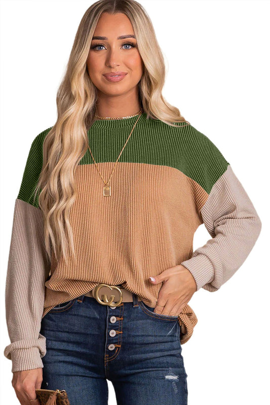 Cali Chic Women's Tops Green Color Block Celebrity Long Sleeve Ribbed Loose