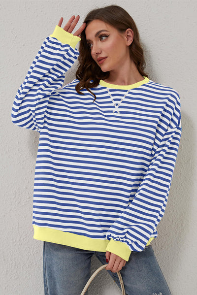 Cali Chic Women Sweatshirt Blue Stripe Oversized Contrast Trim Knit Round Neck Pullover