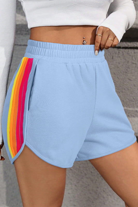 Cali Chic Beau Blue Color Block Stripes Elastic High Waist Active Shorts