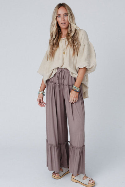 Khaki Frilled Drawstring High Waist Wide Leg Pants