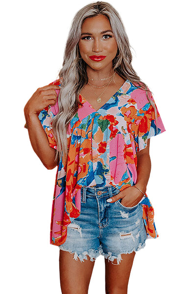 Pink Abstract Print V Neck Flutter Sleeve Blouse