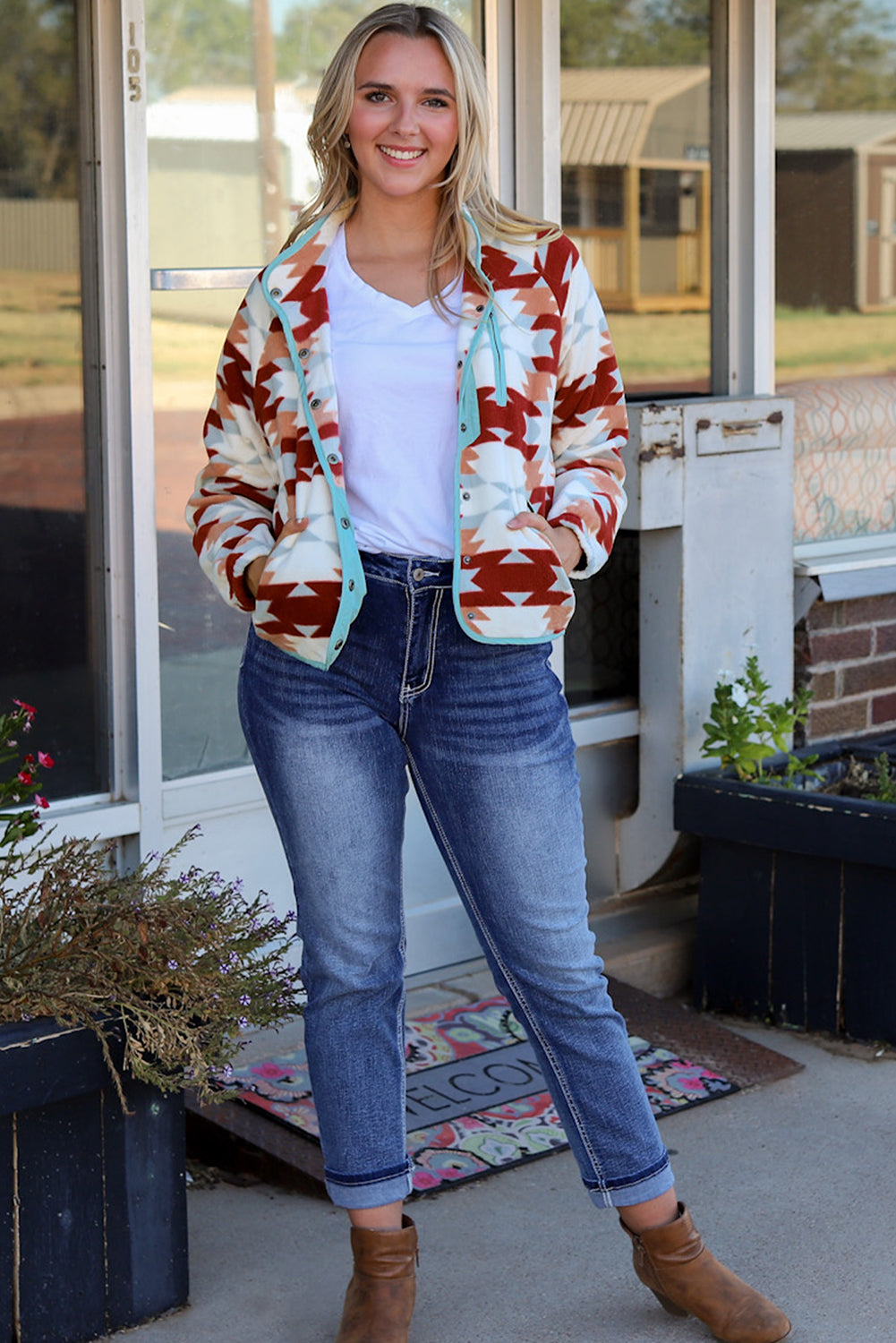 Cali Chic Red Western Aztec Buttoned Zipper Pockets Fleece Jacket