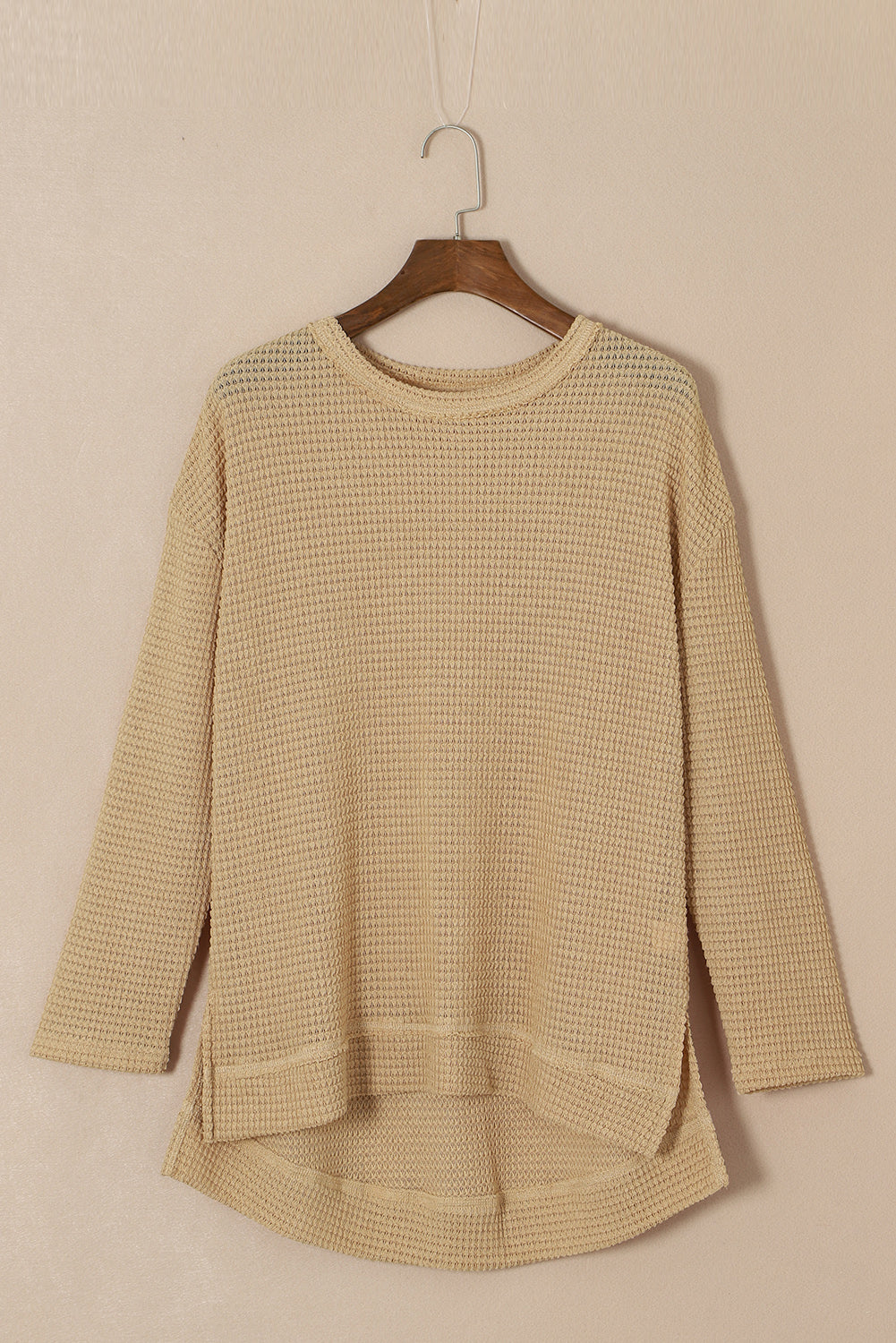 Cali Chic Women Khaki Waffle Knit High Slits Oversized Tops