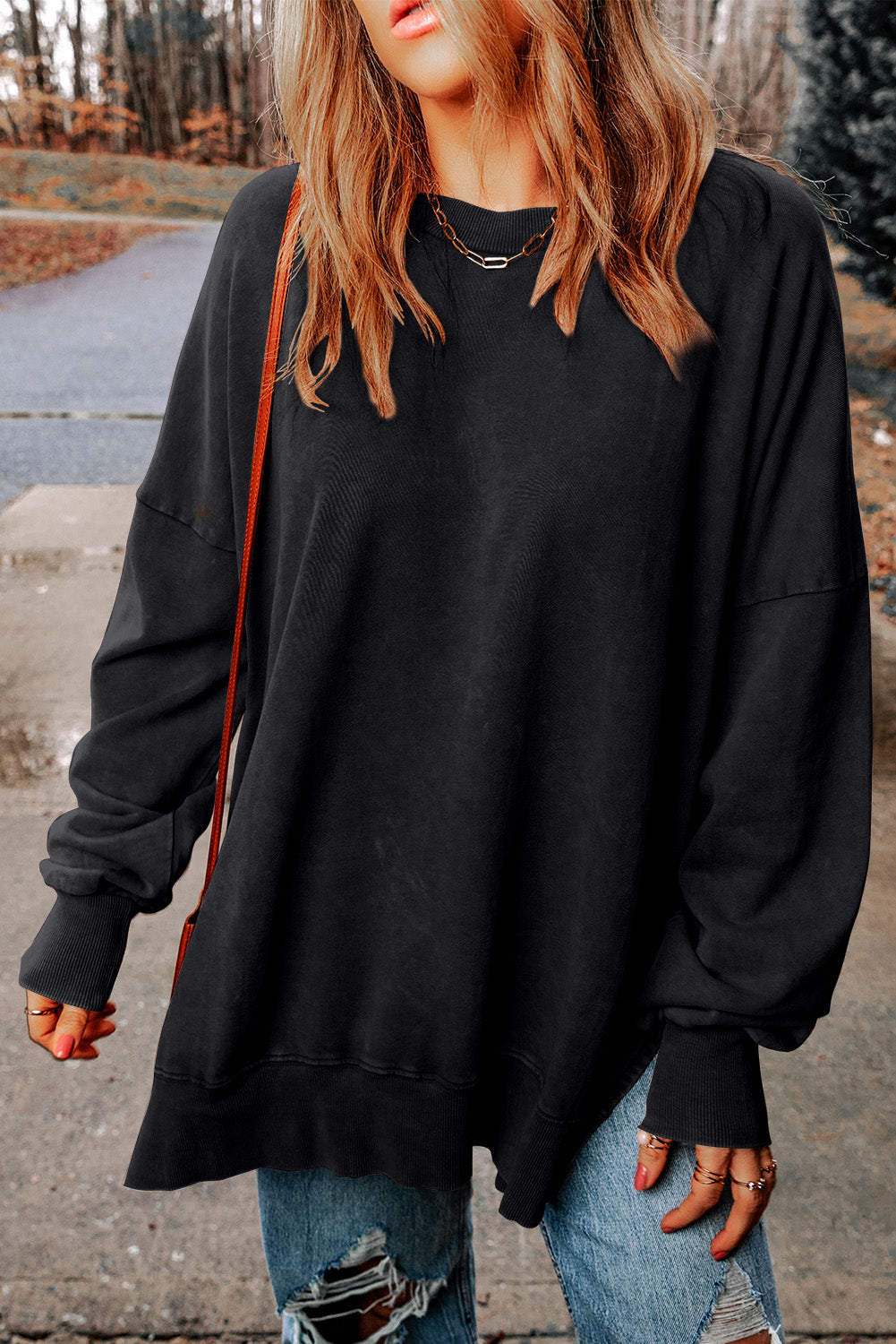 Cali Chic Women Black Drop Shoulder Ribbed Trim Oversized Sweatshirt