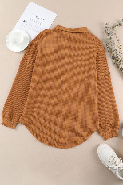 Brown Waffle Knit Button Up Casual Shirt