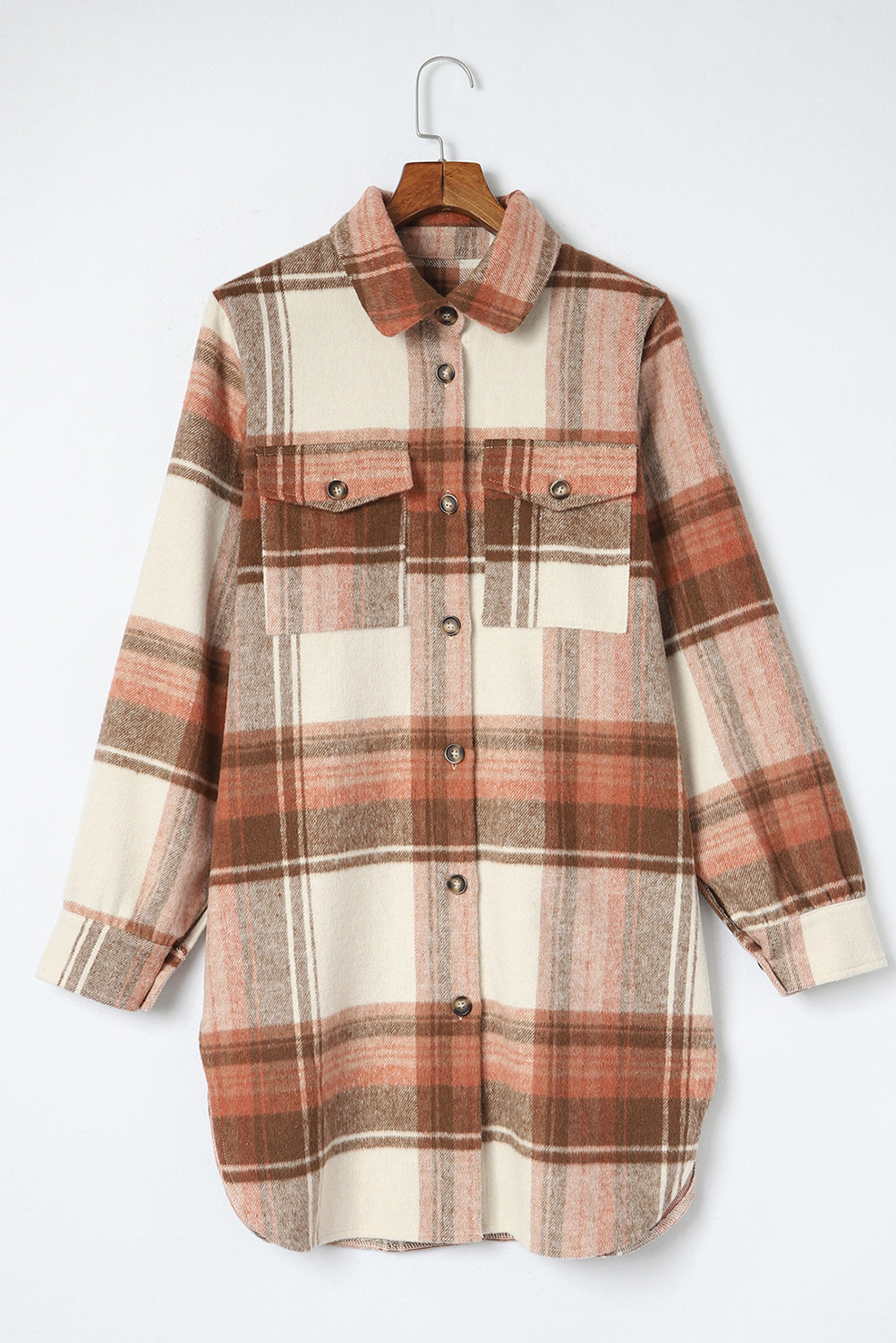 Cali Chic Brown Plaid Print Flap Pockets Long Shacket