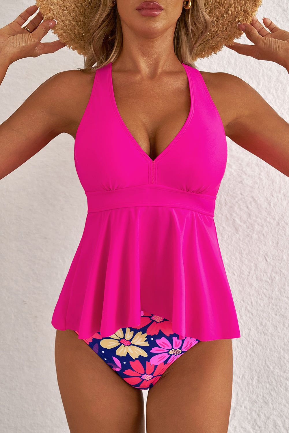 Cali Chic V Neck Ruffled Hem Floral Bottom Tankini Set