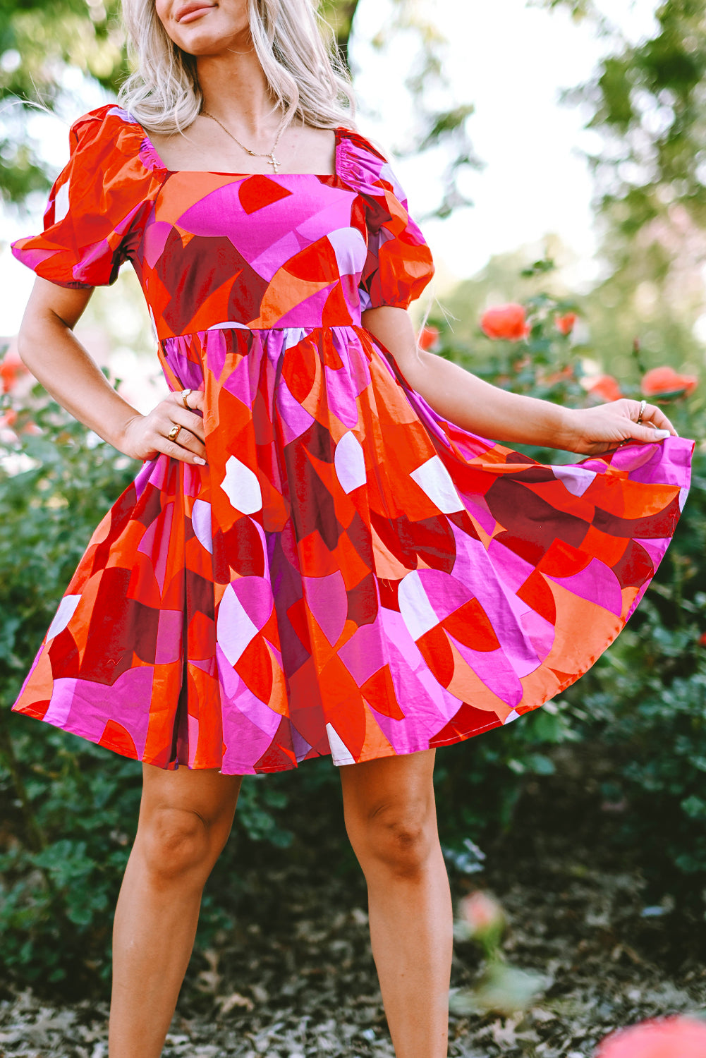 Red Abstract Print Square Neck Puff Sleeve Dress