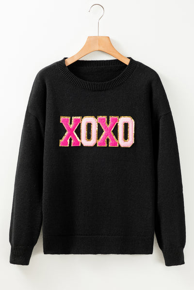 Black XOXO Glitter Print Round Neck Casual Sweater