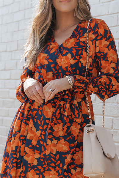 Orange Floral Print Faux Wrap Belted Dress