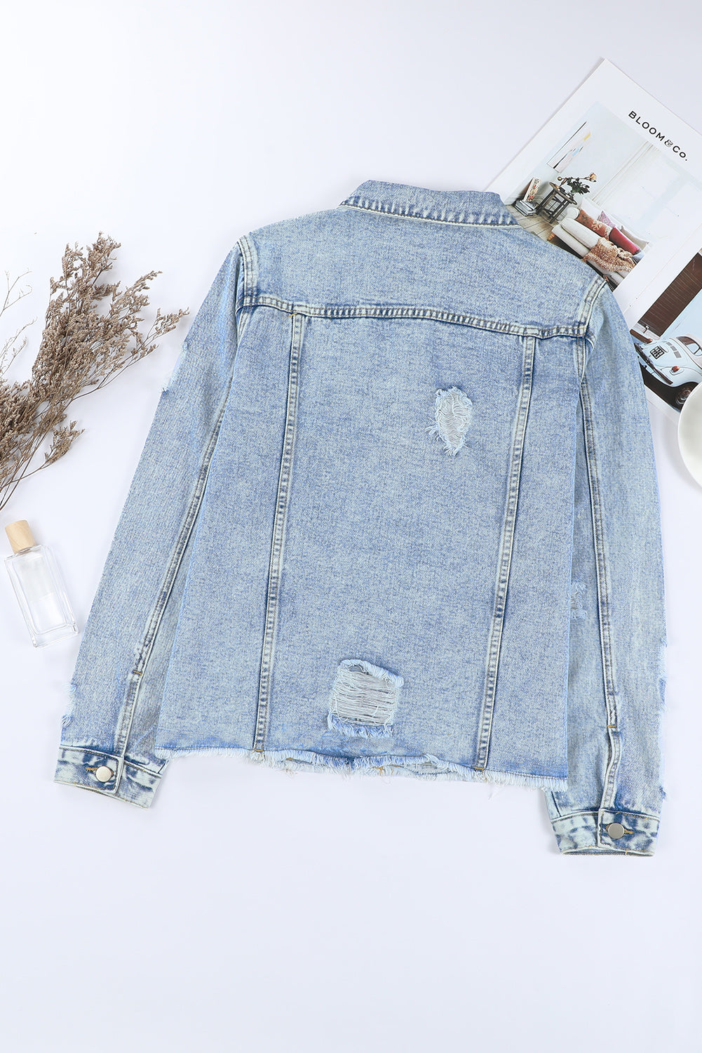 Cali Chic Sky Blue Lapel Distressed Raw Hem Buttons Denim Jacket