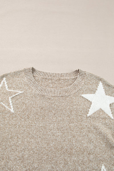 Cali Chic Women Sweater Khaki Star Pattern Drop Shoulder Pullover Top