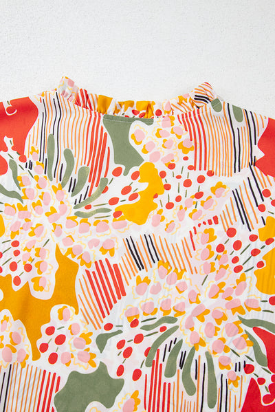 Orange Printed Floral Abstract Print Frilled V Neck Plus Size Blouse