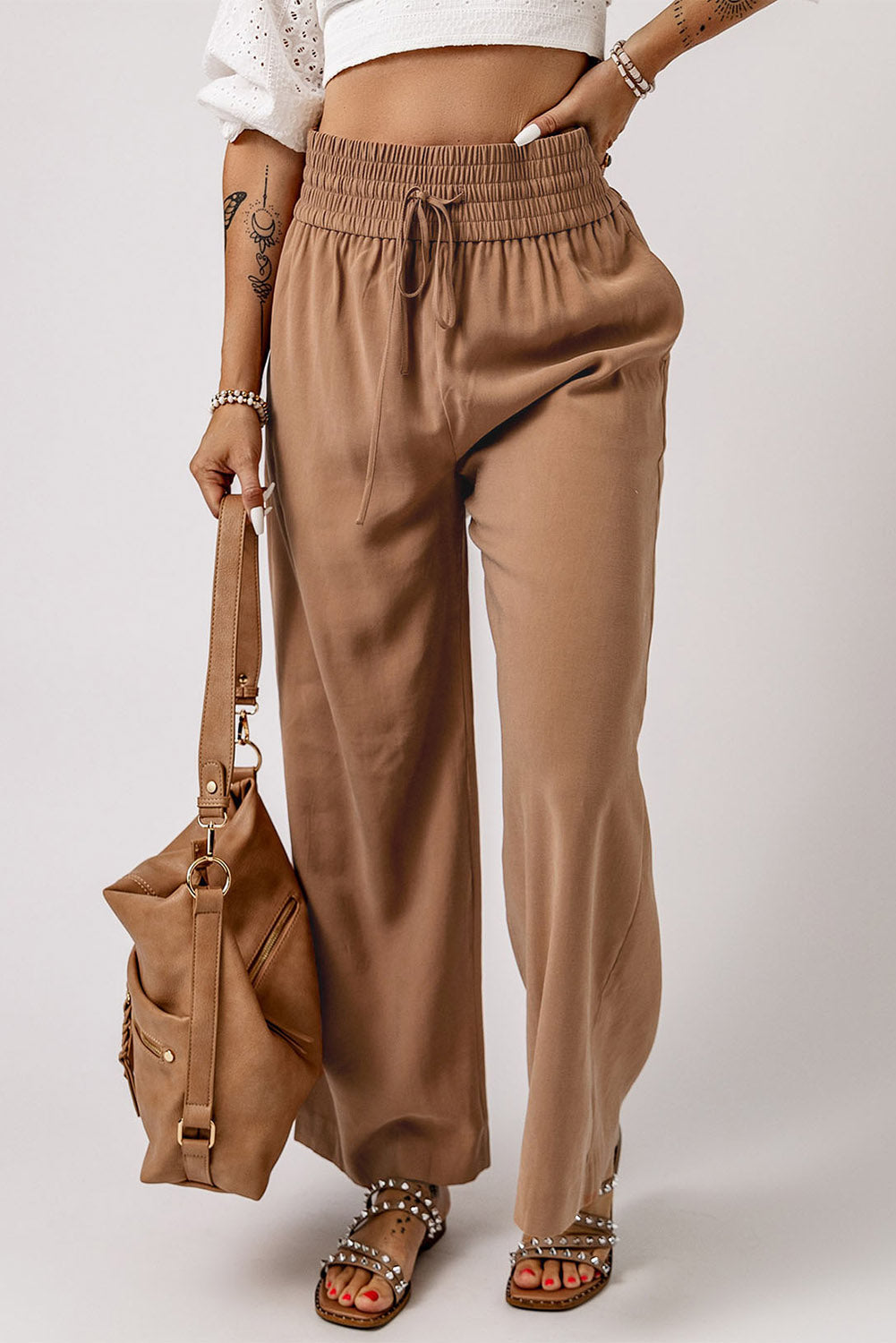 Cali Chic Women Wide Leg Pants Brown Drawstring Elastic Waist