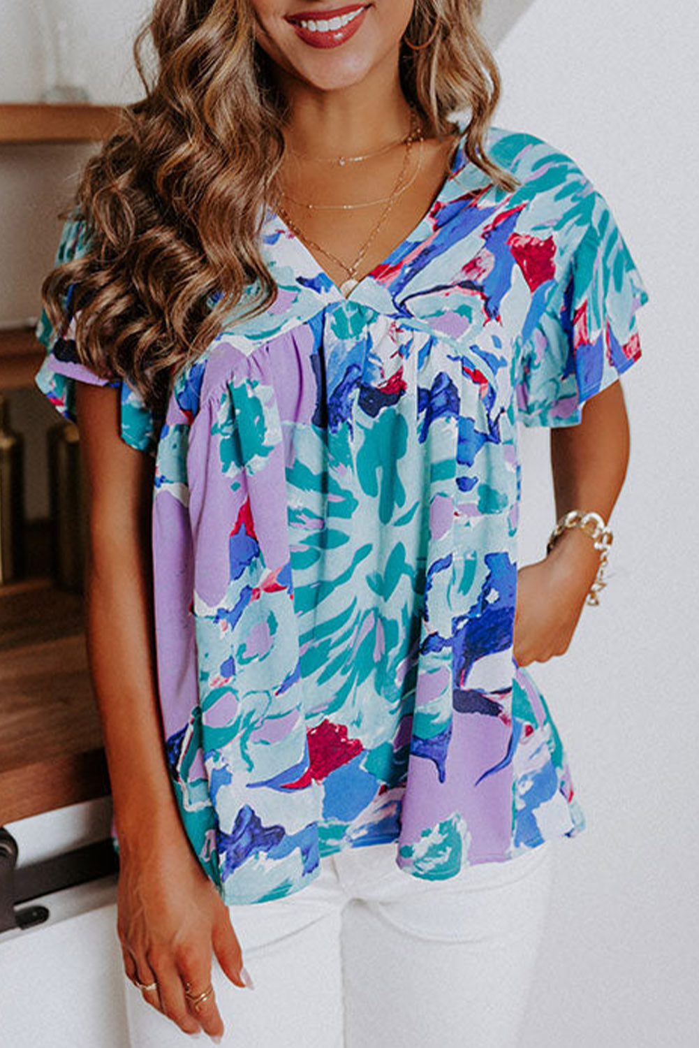 Sky Blue Abstract Print V Neck Flutter Sleeve Blouse