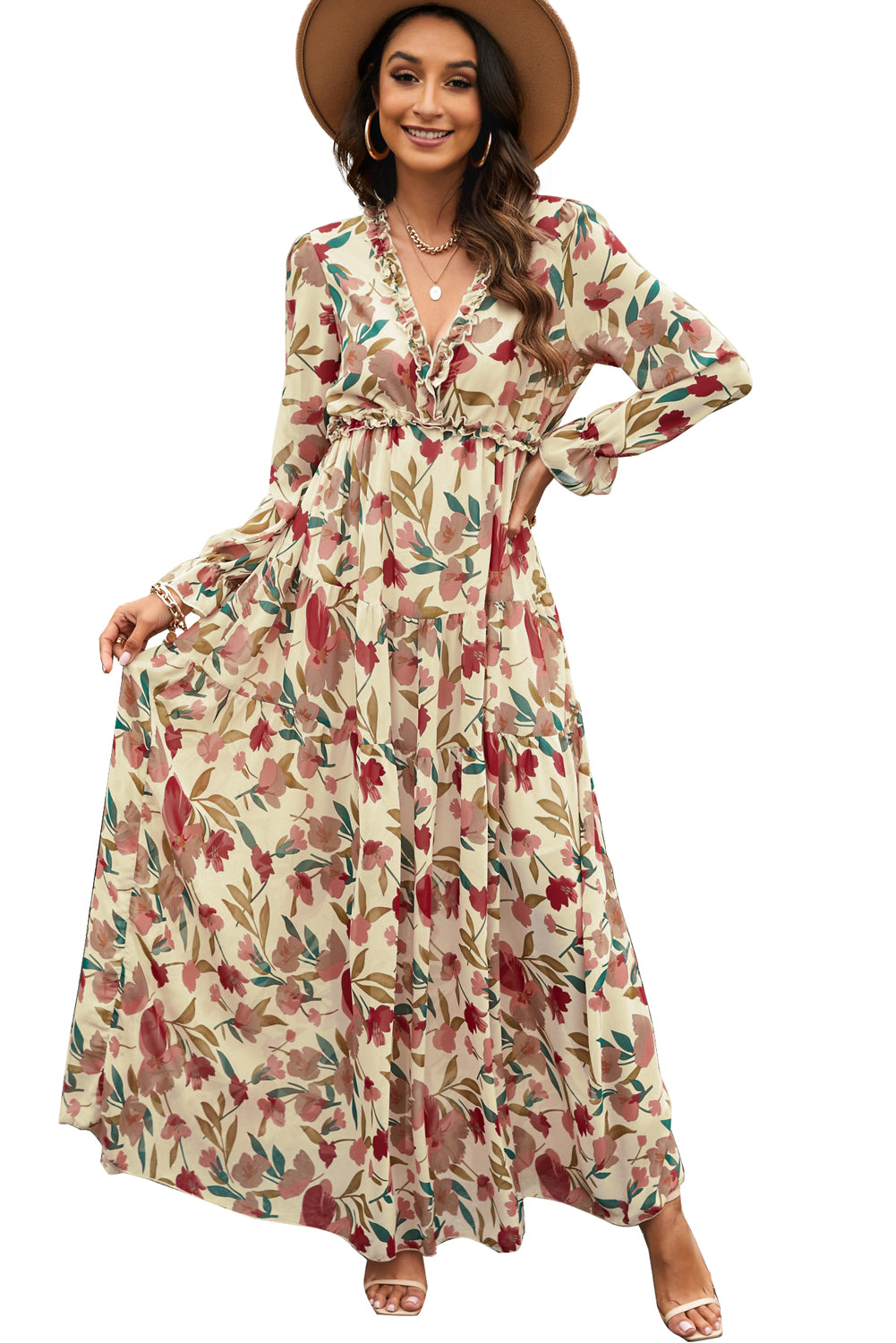 Cali Chic Wild Lotus Ruffle Tiered Maxi Dress