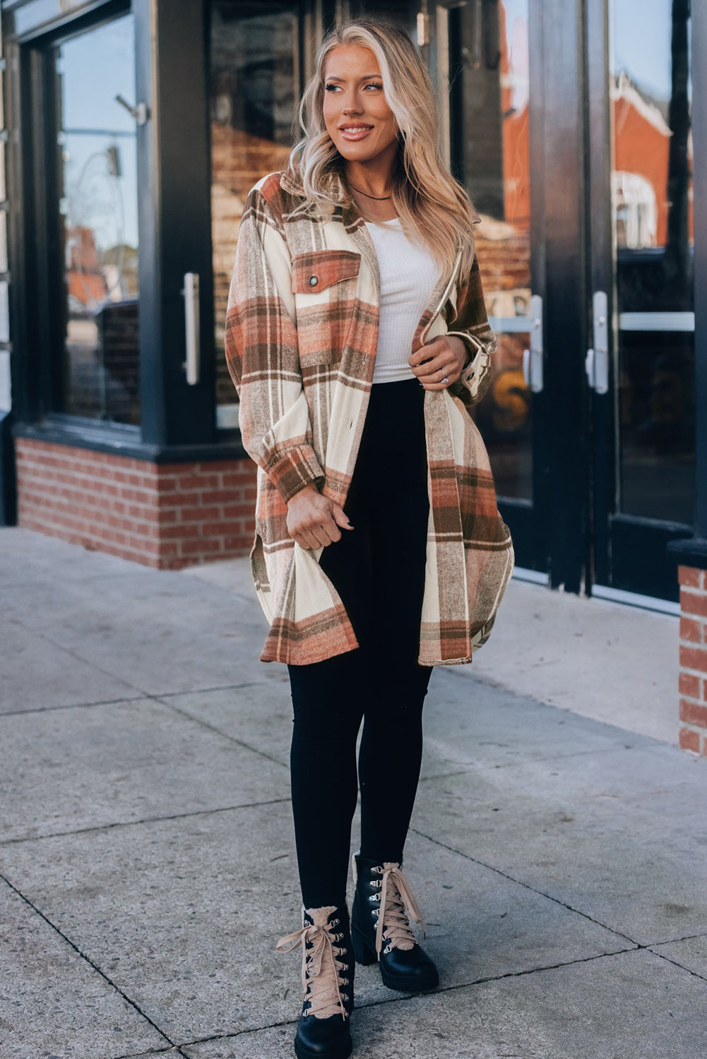 Cali Chic Brown Plaid Print Flap Pockets Long Shacket