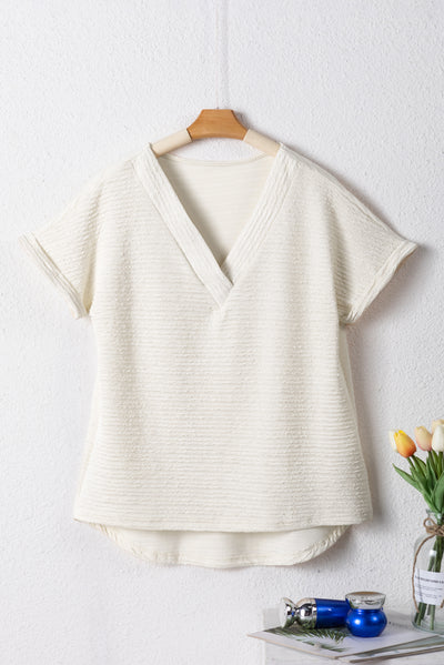 Pale Khaki Textured Wide Sleeve V Neck T Shirt