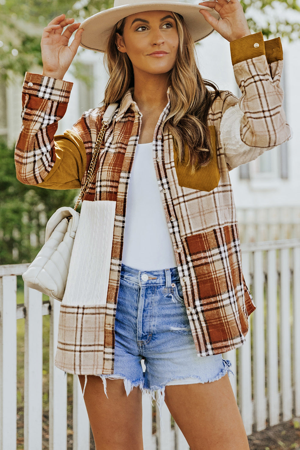 Cali Chic Orange Plaid Color Block Patchwork Shirt Jacket with Pocket