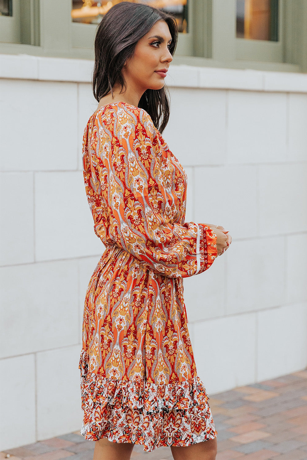 Orange Western Pattern Print Lantern Sleeve Drawstring Mini Dress