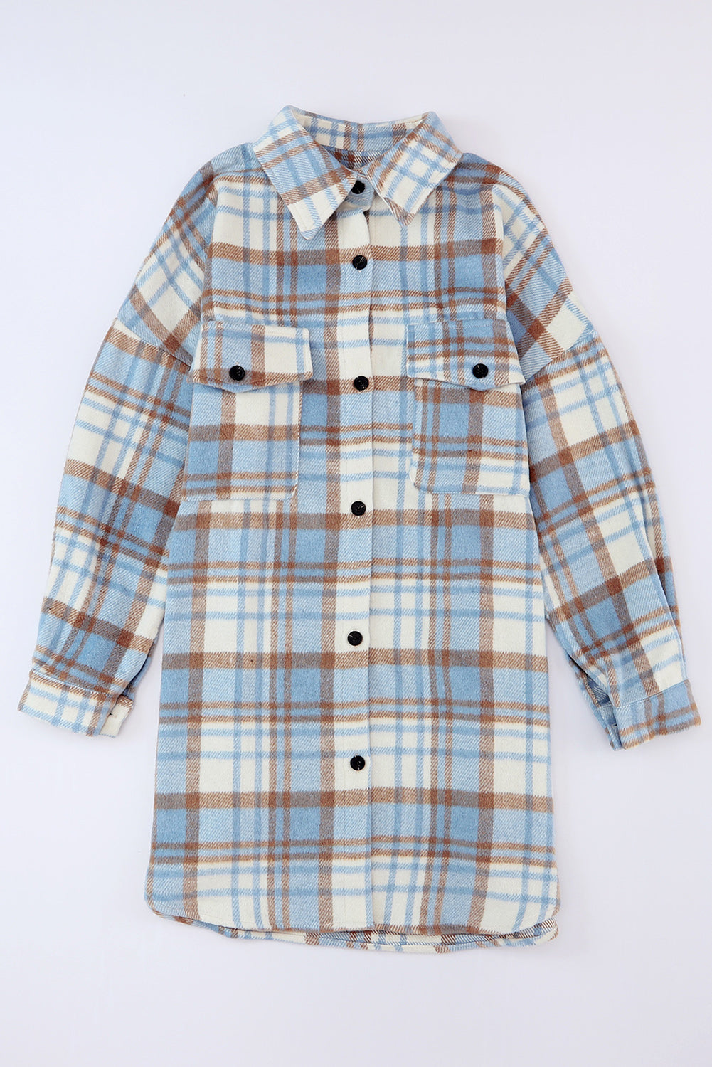 Cali Chic Sky Blue Plaid Flap Pocket Long Sleeve Shacket