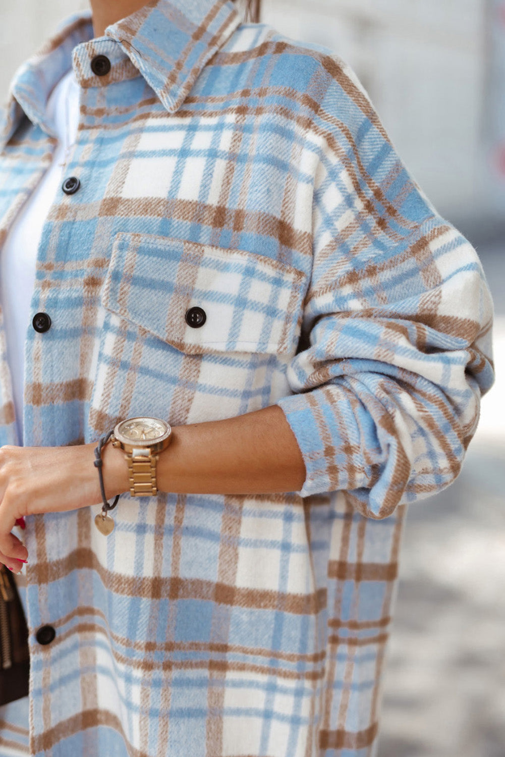 Cali Chic Sky Blue Plaid Flap Pocket Long Sleeve Shacket