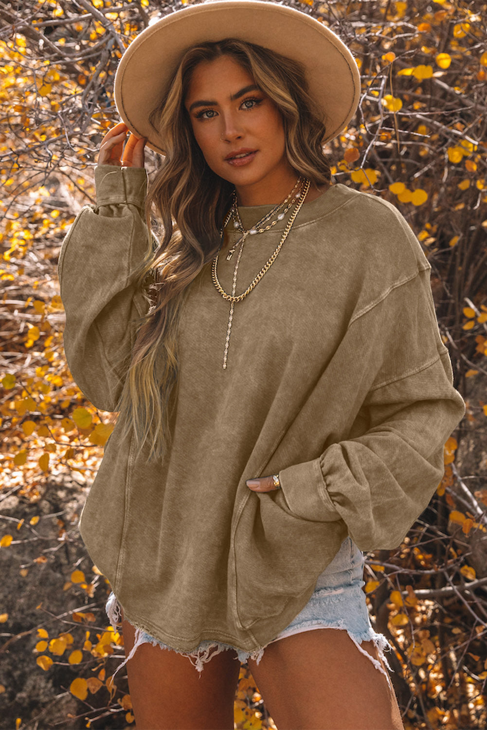 Cali Chic Khaki Exposed Seam Twist Open Back Oversized Sweatshirt