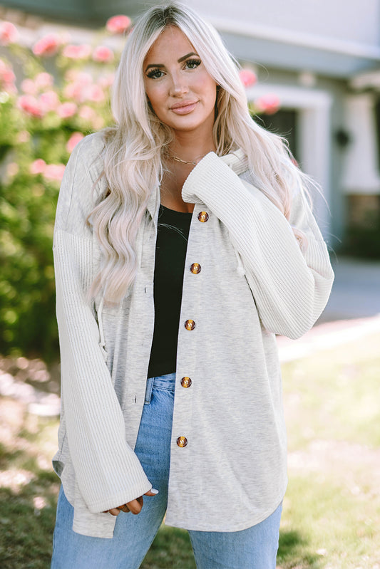 Cali Chic Gray Button Up Contrast Knitted Sleeves Hooded Jacket