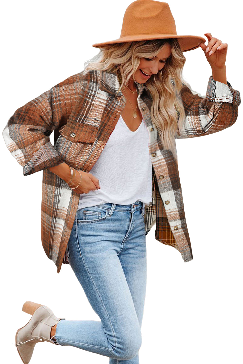 Cali Chic Women Shacket Jacket Celebrity Brown Plaid Flap Pockets