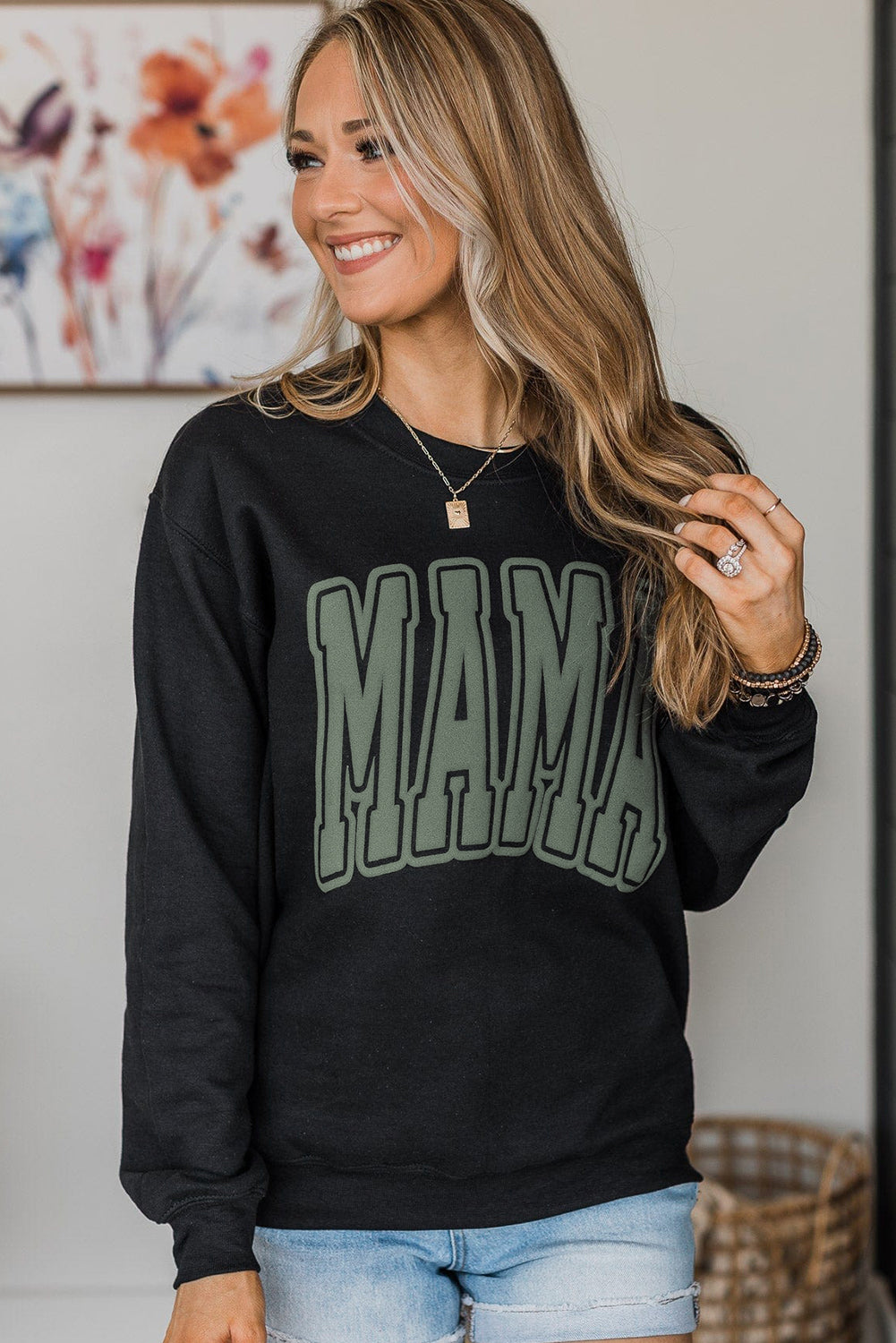 Cali Chic Black Mama Varsity Crew Neck Sweatshirt